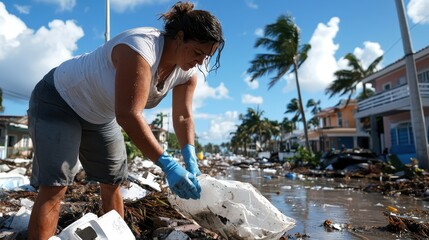 A hardworking woman tackles the challenging task of cleaning a flooded street after a tropical storm, highlighting perseverance and community spirit amidst adversity.