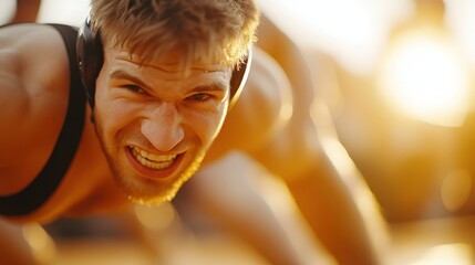 Fototapeta premium A wrestler exhibits a fierce expression while engaged in a dynamic match, highlighting the intensity and emotion involved in competitive wrestling.