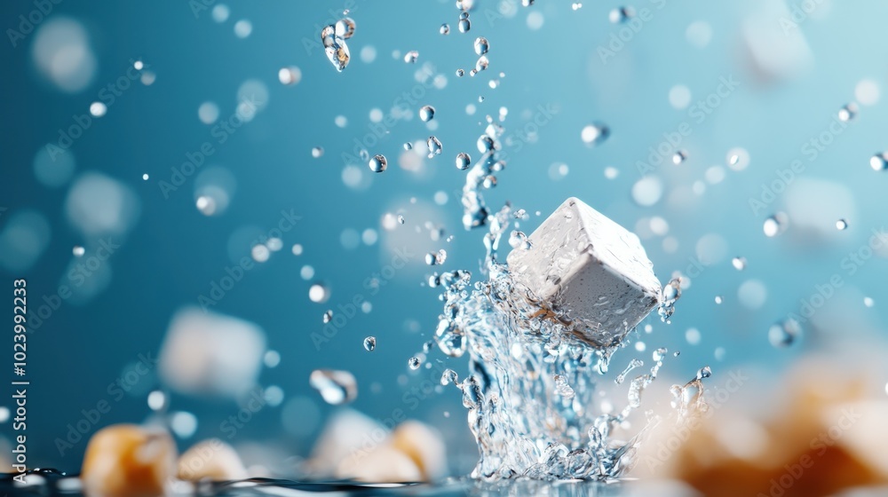 Aufkleber a dynamic close-up of an ice cube splashing into water, creating dramatic droplets, set against a vi