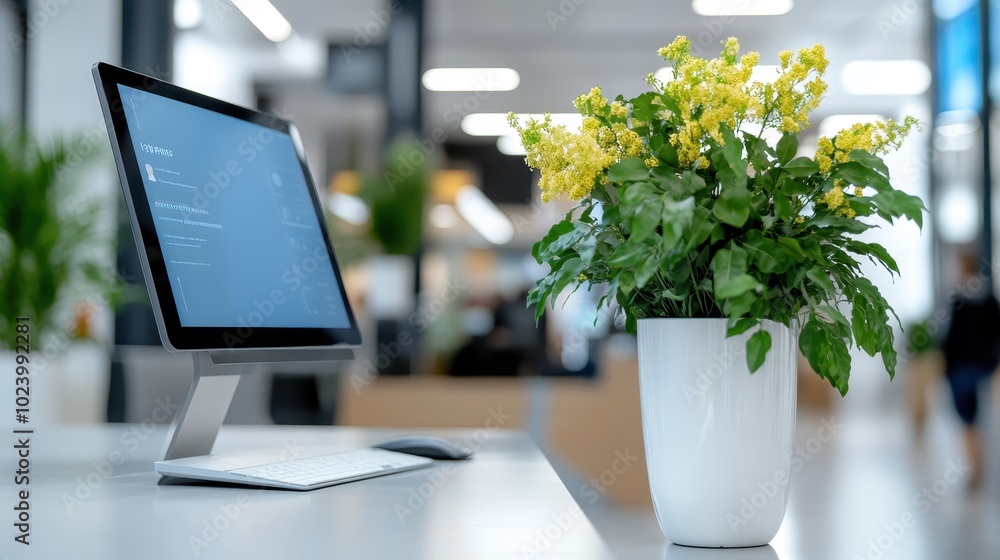 Aufkleber an office desk features a computer monitor with a blank display and a vibrant green potted plant bes