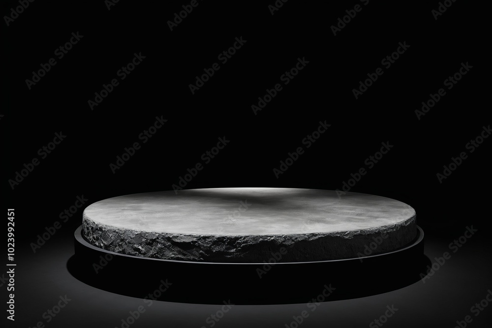 Poster an empty dark grey round stone podium, creating a minimalistic design with no one present for produc