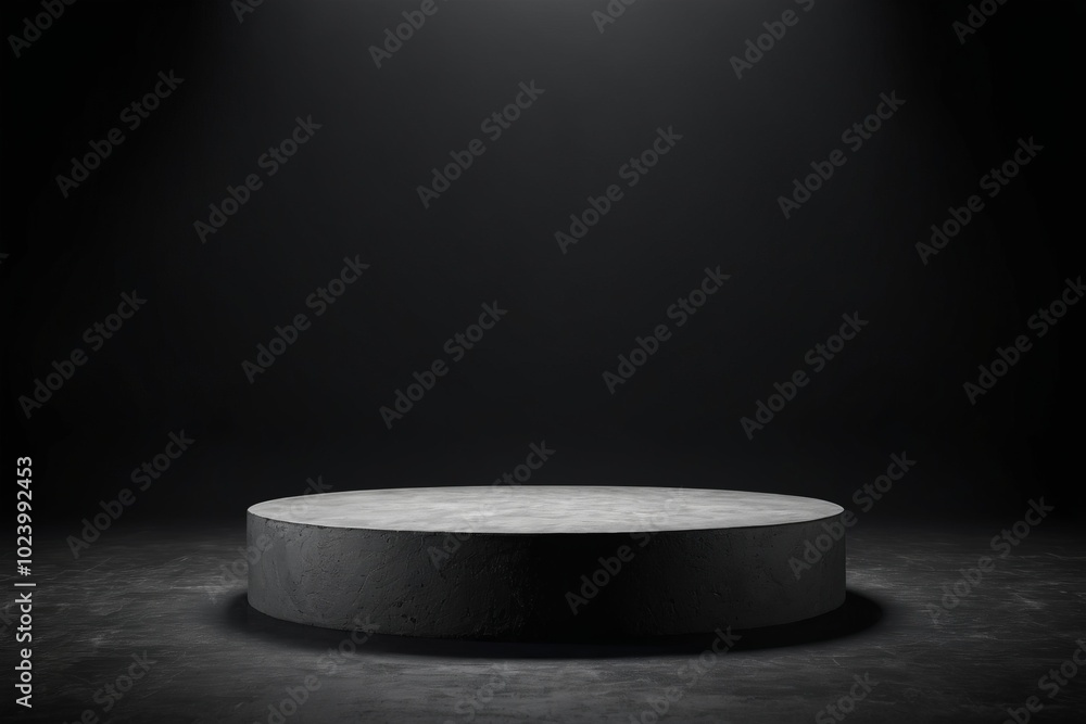 Poster an empty dark grey round stone podium, creating a minimalistic design with no one present for produc