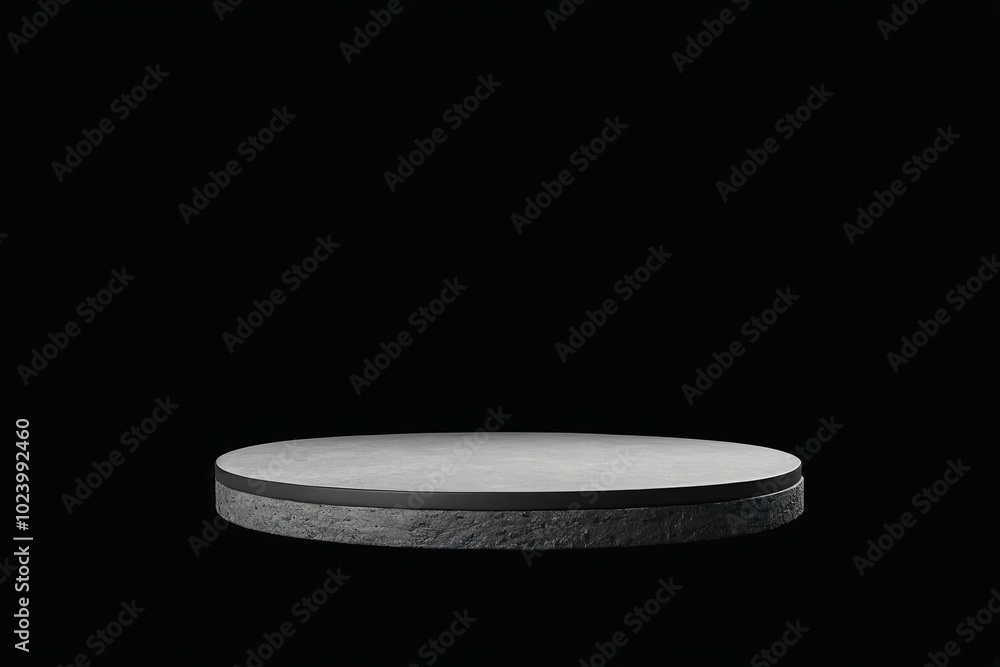 Poster an empty dark grey round stone podium, creating a minimalistic design with no one present for produc