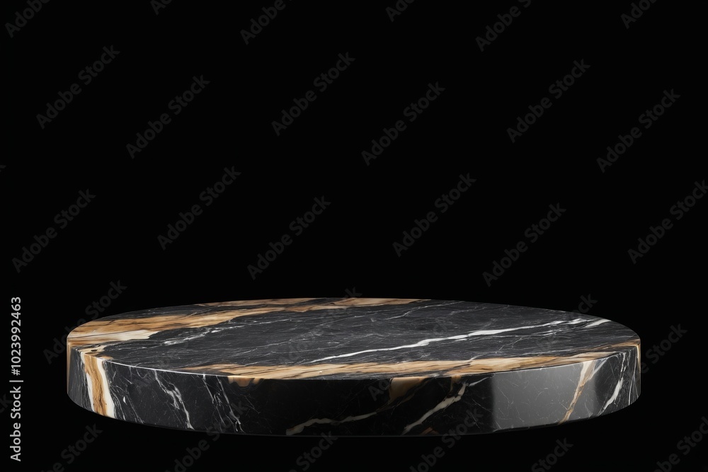 Aufkleber an empty dark grey round stone podium, creating a minimalistic design with no one present for produc