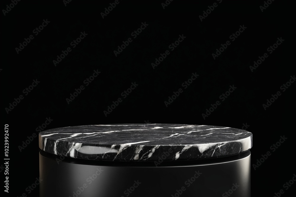 Poster an empty dark grey round stone podium, creating a minimalistic design with no one present for produc