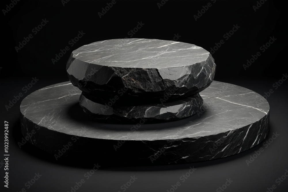 Aufkleber an empty dark grey round stone podium, creating a minimalistic design with no one present for produc