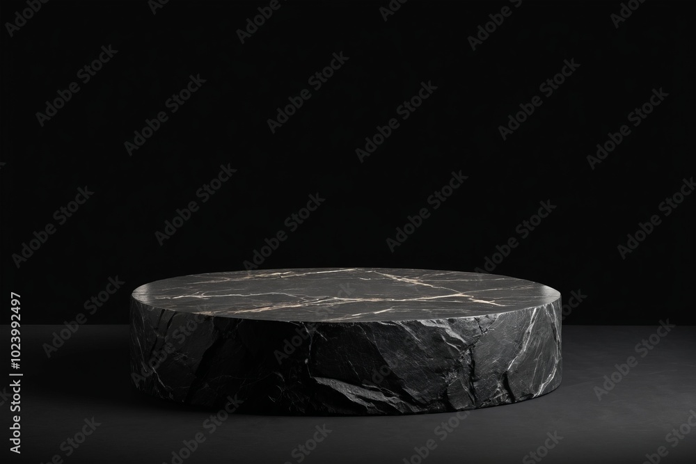 Poster an empty dark grey round stone podium, creating a minimalistic design with no one present for produc