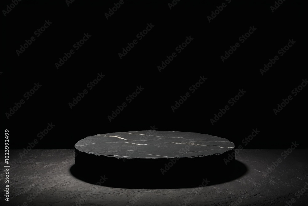 Poster an empty dark grey round stone podium, creating a minimalistic design with no one present for produc