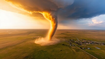 A powerful tornado looms menacingly over the wide prairie, stirring up intense winds and dramatic tension in the air, as nature flexes its awesome and terrifying energy.