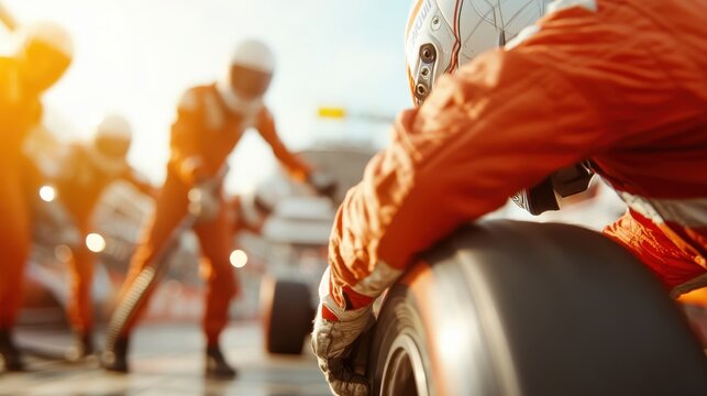 An efficient pit crew in orange uniforms performs a high-speed tire change on a race car, highlighting precision and teamwork in a high-stakes setting.