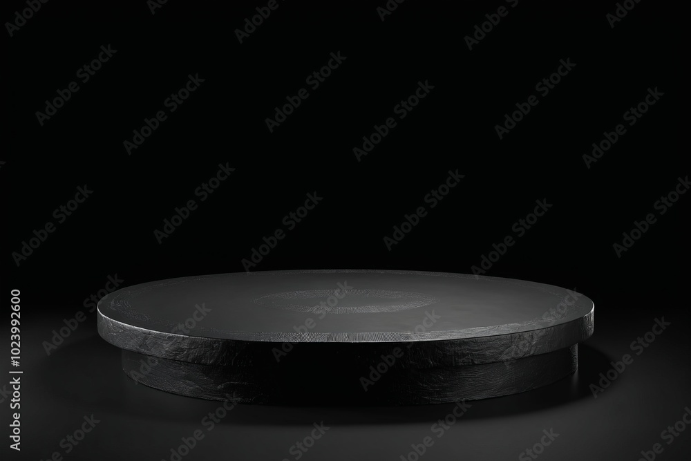 Poster an empty dark round metal plate podium, creating a minimalistic design with no one present for produ