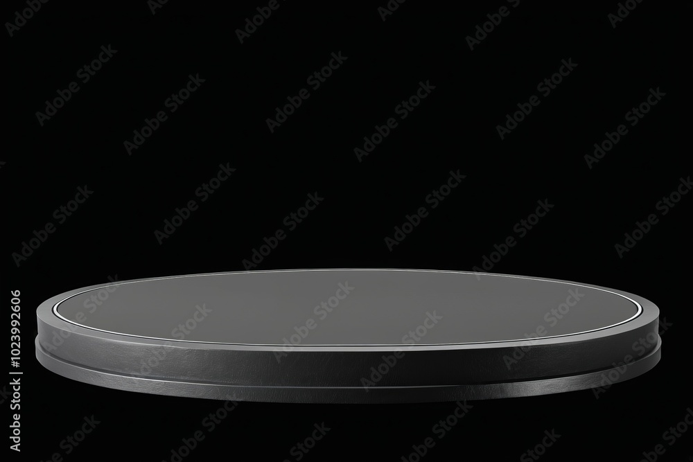 Poster an empty dark grey round metal plate podium, creating a minimalistic design with no one present for 
