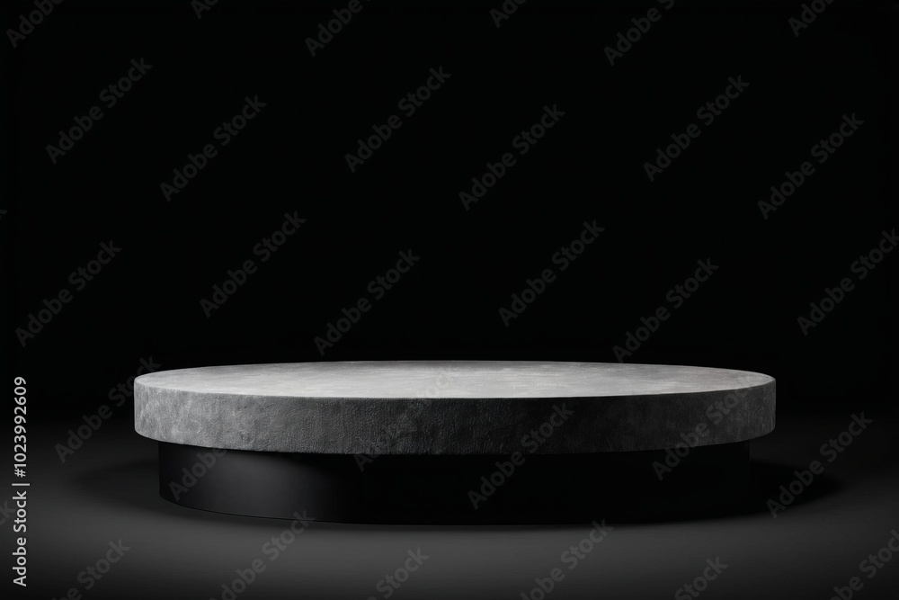 Poster an empty dark grey round metal plate podium, creating a minimalistic design with no one present for 