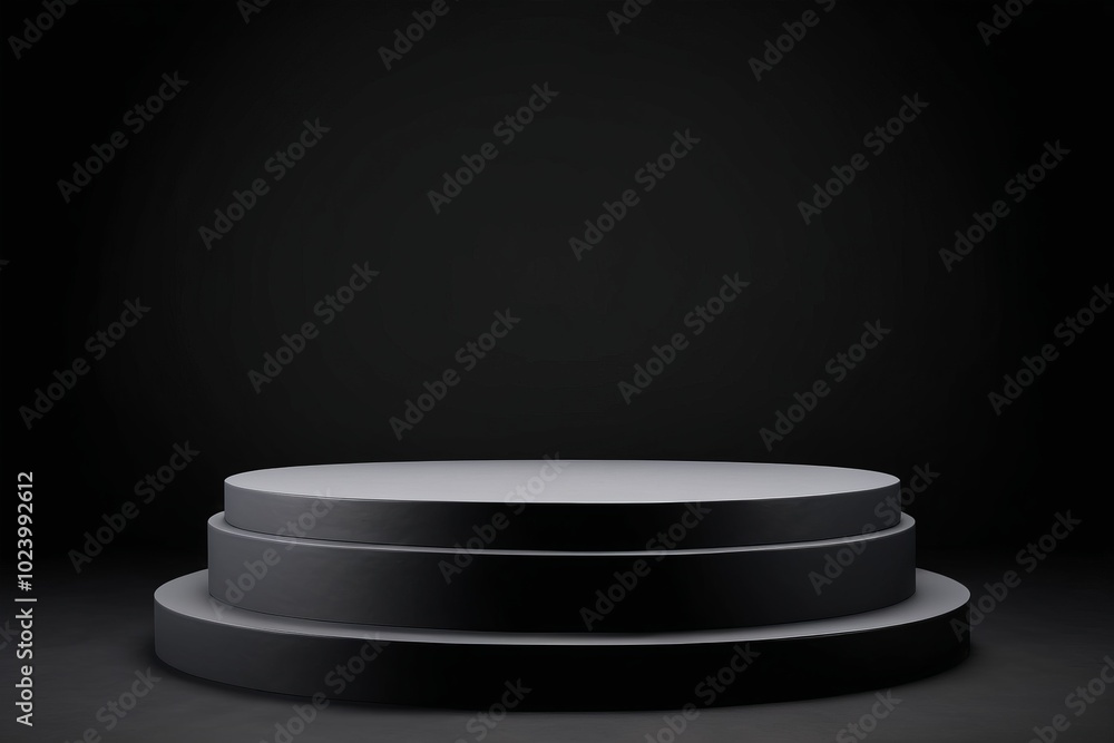 Poster an empty dark grey round metal plate podium, creating a minimalistic design with no one present for 
