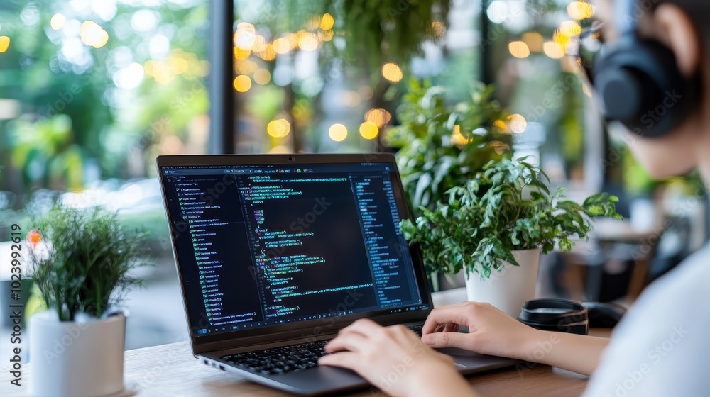 Aufkleber a person with headphones is coding on a laptop in a cozy cafe setting, surrounded by green plants, c