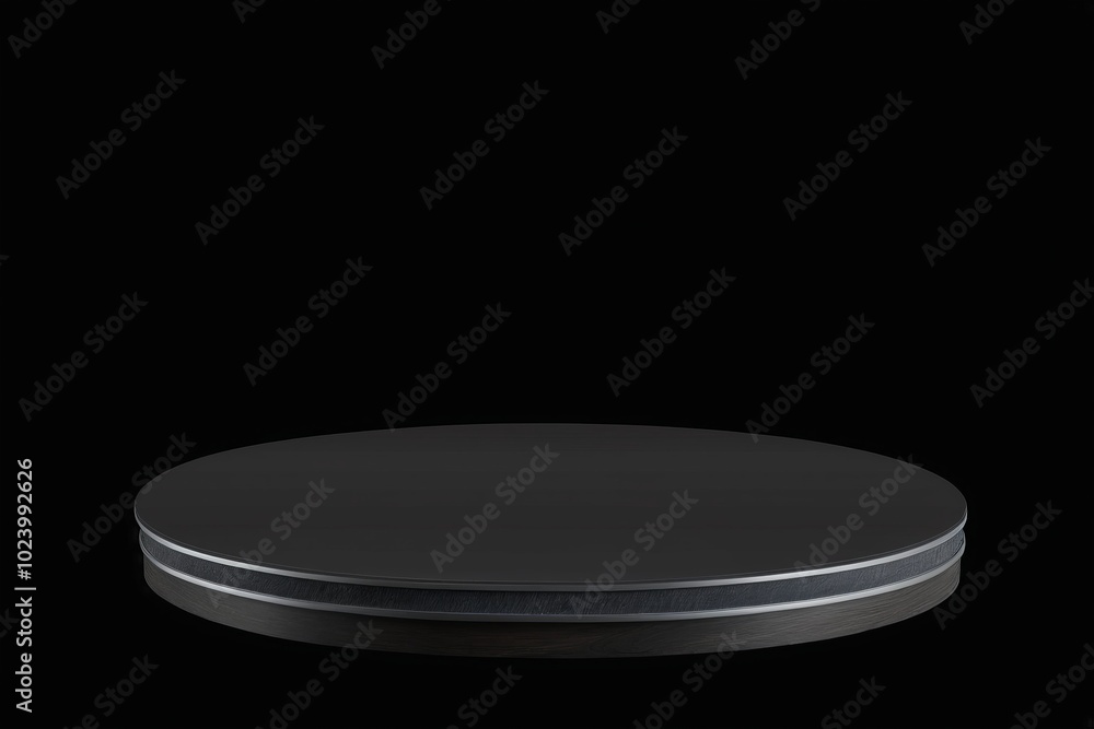 Poster an empty dark round metal plate podium, creating a minimalistic design with no one present for produ
