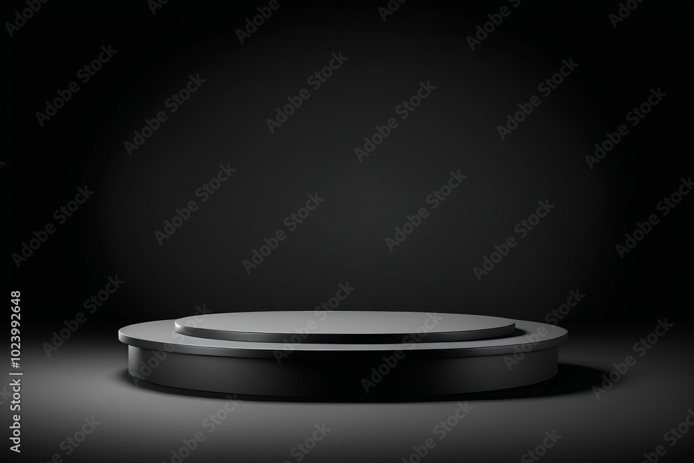 Poster an empty dark grey round metal plate podium, creating a minimalistic design with no one present for 