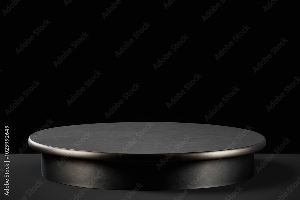 Poster an empty dark round metal plate podium, creating a minimalistic design with no one present for produ