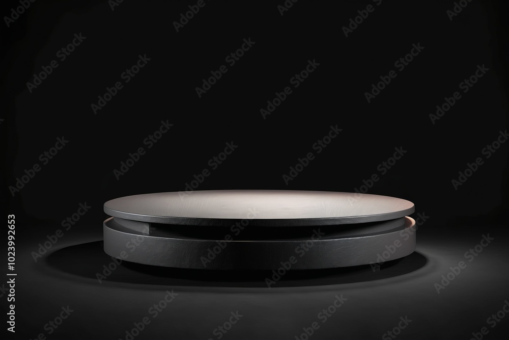 Poster an empty dark grey round metal plate podium, creating a minimalistic design with no one present for 