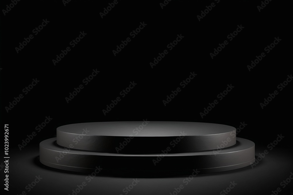 Poster an empty dark round metal plate podium, creating a minimalistic design with no one present for produ