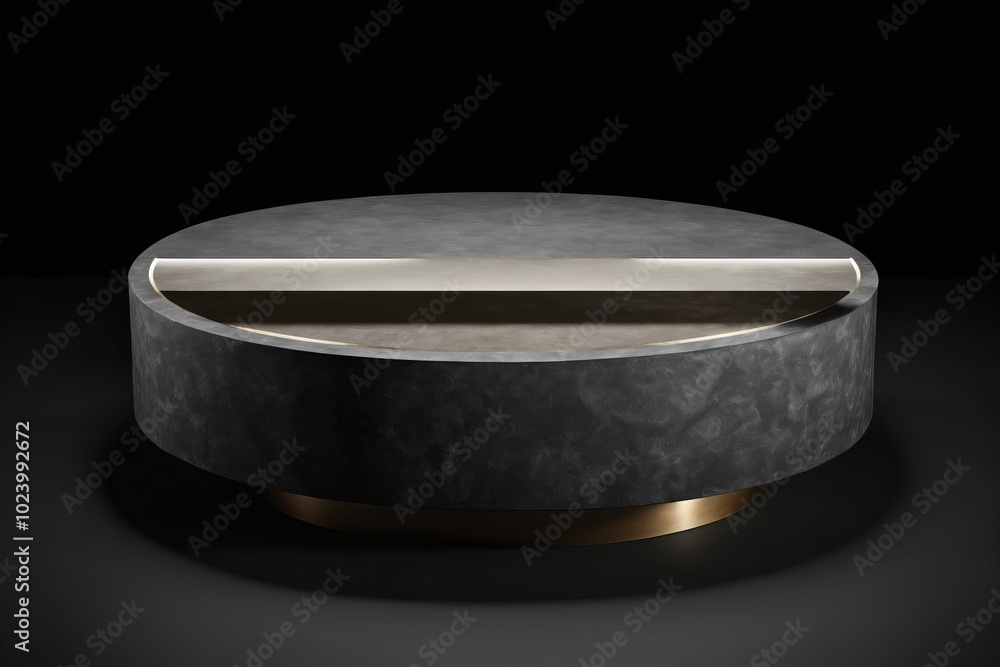 Poster an empty dark grey round stone podium, creating a minimalistic design with no one present for produc