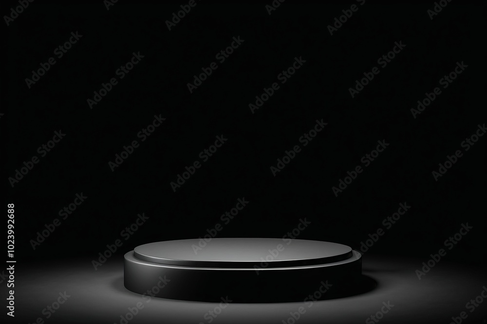 Poster an empty dark grey round metal plate podium, creating a minimalistic design with no one present for 