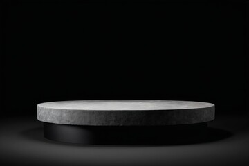 An empty dark grey round metal plate podium, creating a minimalistic design with no one present for products display