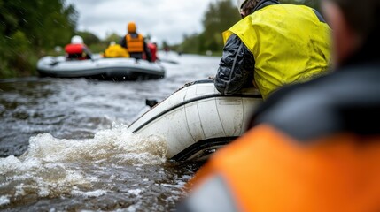 A group of people wearing safety gear are rafting through turbulent river waters, highlighting teamwork and adventure in an exciting, adrenaline-filled outdoor activity.