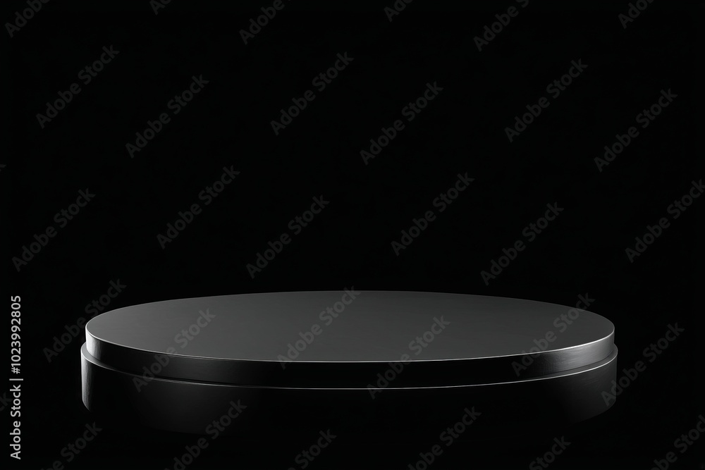 Poster an empty dark black round metal plate podium, creating a minimalistic design with no one present for