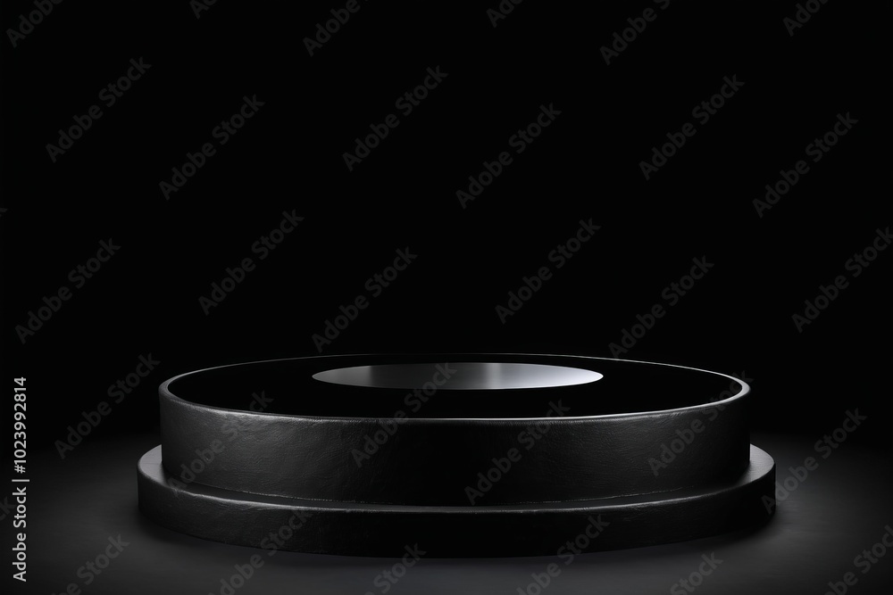 Poster an empty dark black round metal plate podium, creating a minimalistic design with no one present for