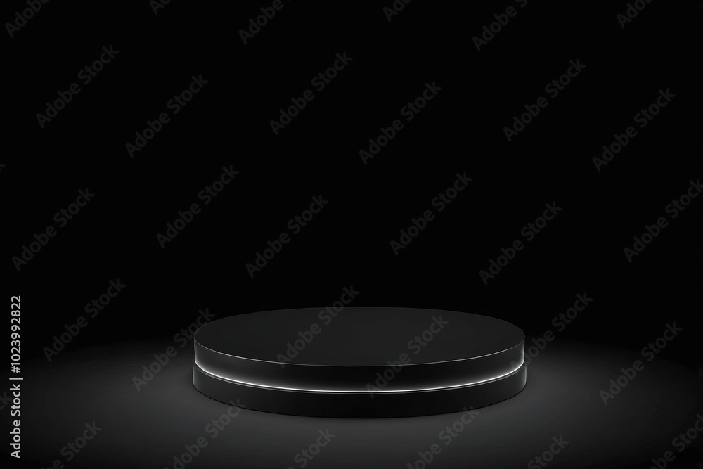 Poster an empty dark black round metal plate podium, creating a minimalistic design with no one present for