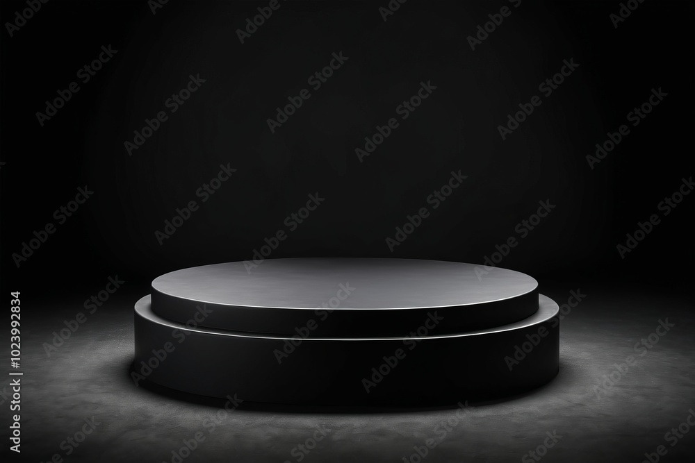 Poster an empty dark grey round metal plate podium, creating a minimalistic design with no one present for 