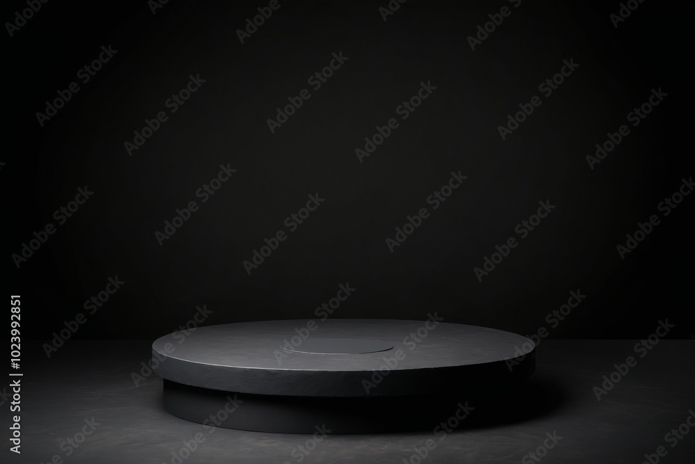 Poster an empty dark black round metal plate podium, creating a minimalistic design with no one present for