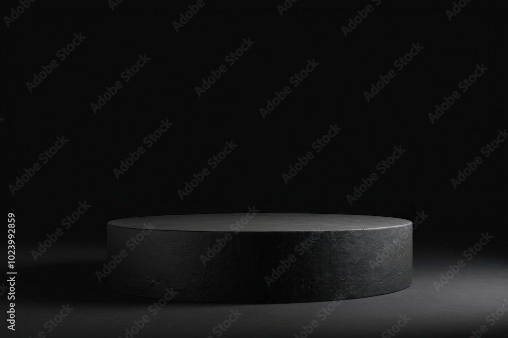 Poster an empty dark black round metal plate podium, creating a minimalistic design with no one present for