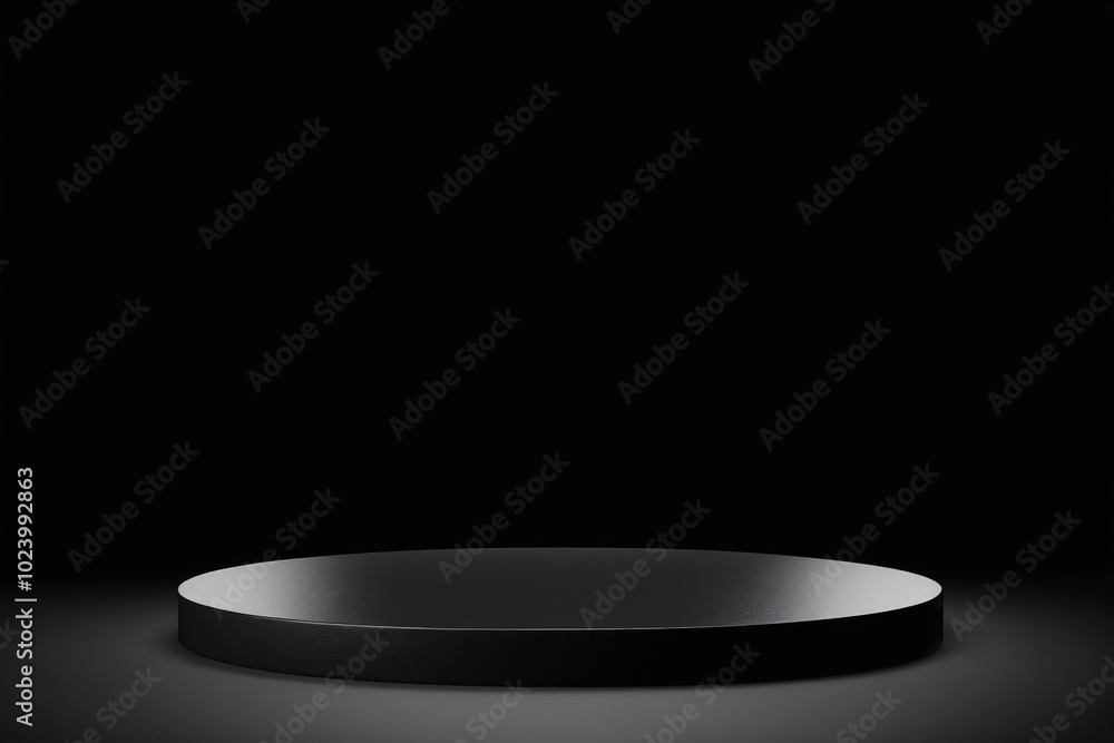 Poster an empty dark black round metal plate podium, creating a minimalistic design with no one present for