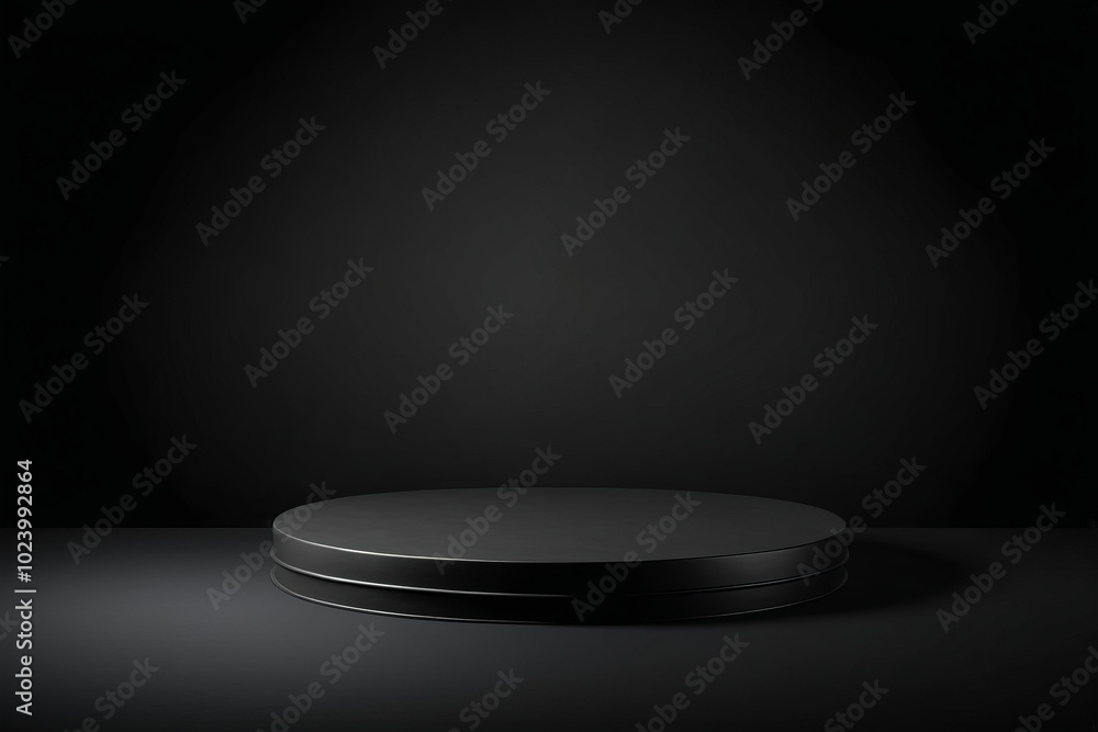 Poster an empty dark black round metal plate podium, creating a minimalistic design with no one present for