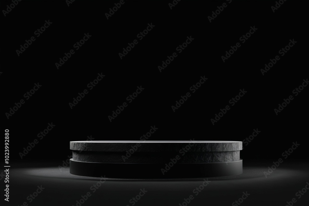 Poster an empty dark black round metal plate podium, creating a minimalistic design with no one present for
