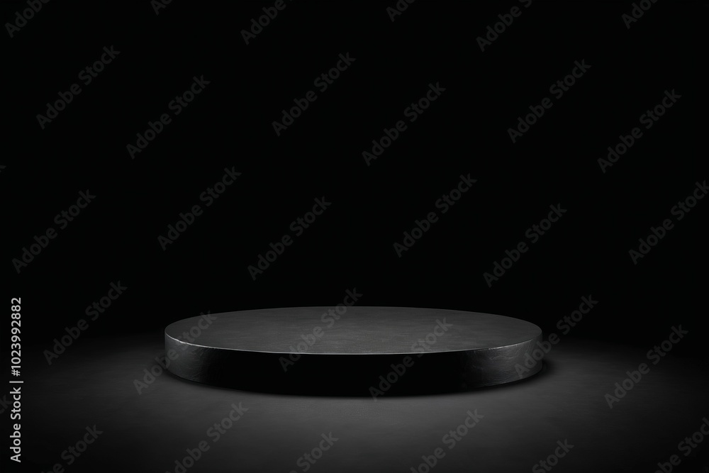 Poster an empty dark black round metal plate podium, creating a minimalistic design with no one present for