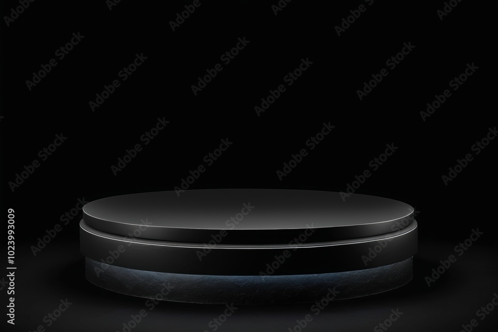Poster a spotlight shines on a black metal stage, showcasing an empty podium table with various utensils an