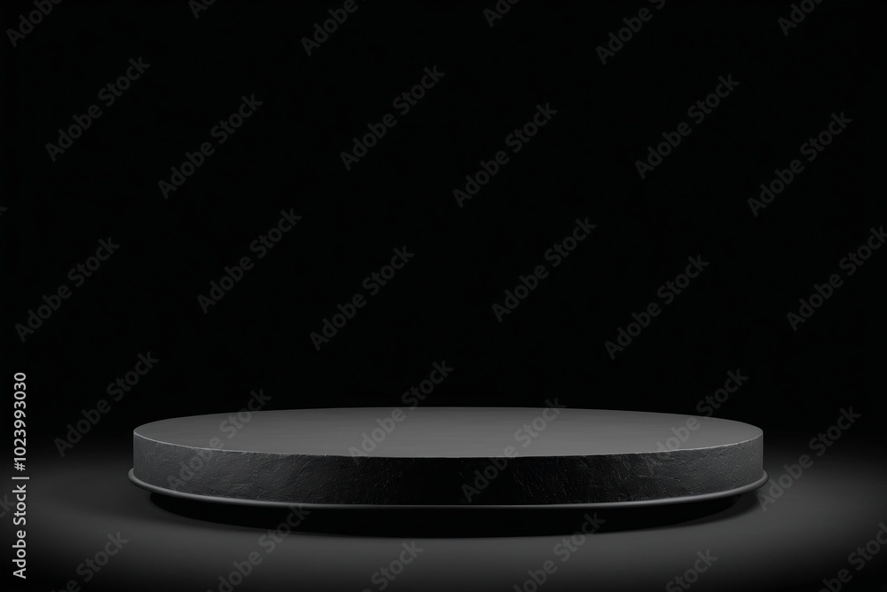 Poster a spotlight shines on a black metal stage, showcasing an empty podium table with various utensils an