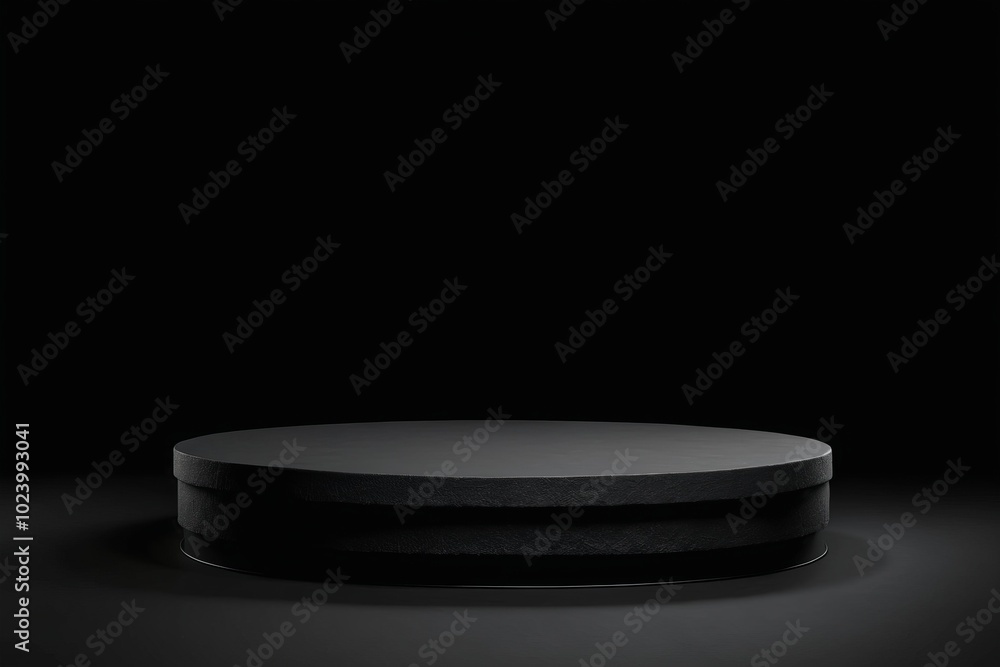 Poster a spotlight shines on a black metal stage, showcasing an empty podium table with various utensils an