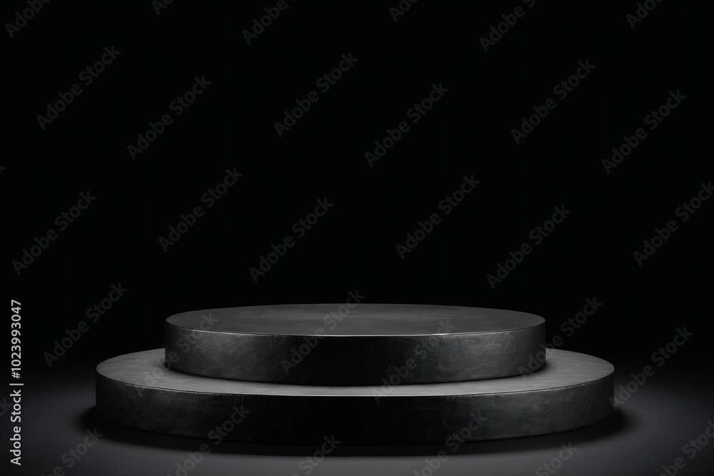 Poster a spotlight shines on a black metal stage, showcasing an empty podium table with various utensils an