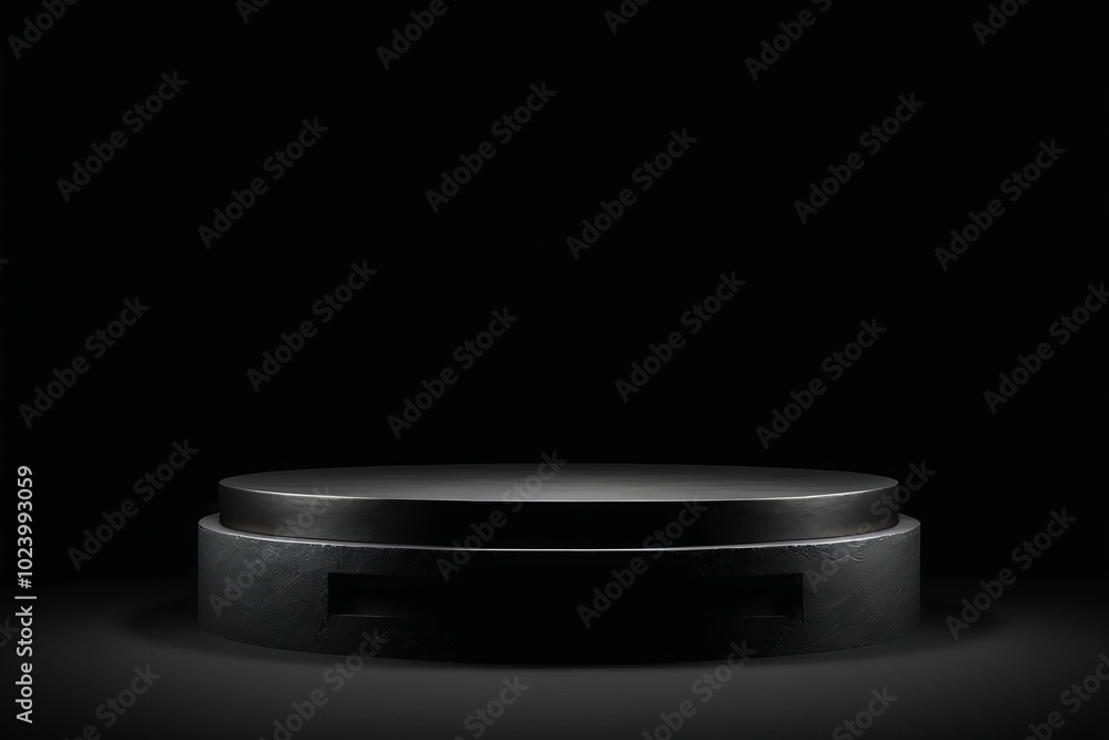 Poster a spotlight shines on a black metal stage, showcasing an empty podium table with various utensils an