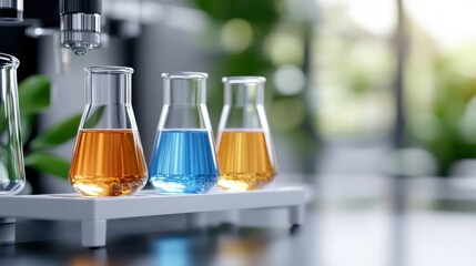 Three flasks filled with blue and orange liquids on a laboratory counter, with a bright and clean modern design, illustrating a high-tech scientific facility.