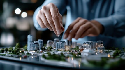 Naklejka premium Hands meticulously place buildings in a detailed model city layout, representing modern urban planning and critical architectural design processes for future cities.