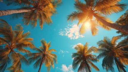 Looking up at blue sky and palm trees with view from below on tropical beach and summer background
