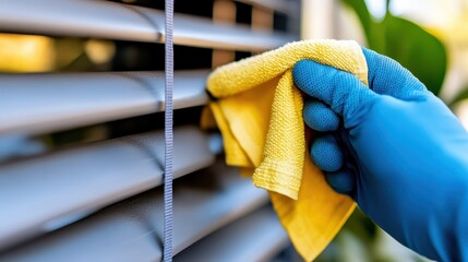 Hands wearing blue gloves are seen meticulously cleaning air vents using a bright yellow cloth, embodying maintenance and cleanliness with sharp focus.