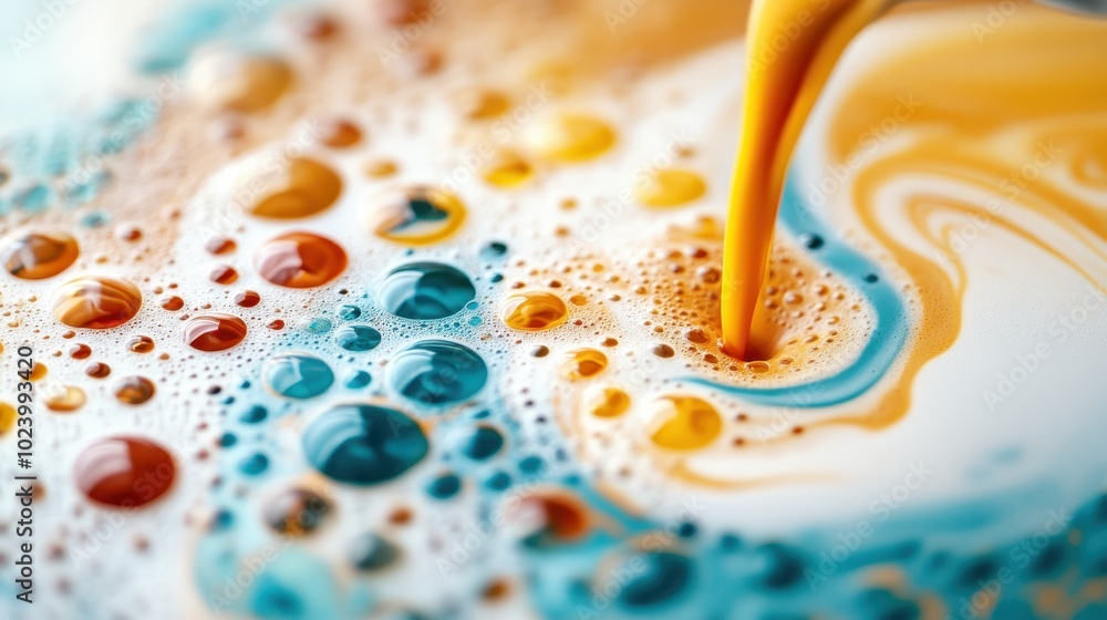 Poster an artistic macro shot of colorful foam swirling with liquid, blending vivid hues and creating capti