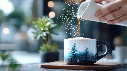 An artistic pour of coffee into a decorated mug featuring nature motifs, creating a serene atmosphere with frothy clouds inviting warmth on a cold morning.