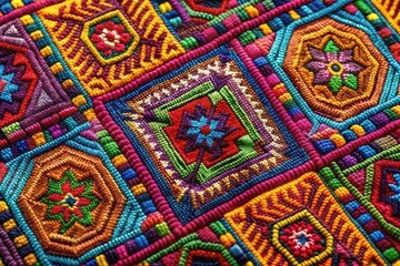 Fototapeta premium This dynamic Shipibo textile bursts with detailed geometric shapes and organic motifs, highlighting the richness of cultural expression through vivid colors and intricate designs.